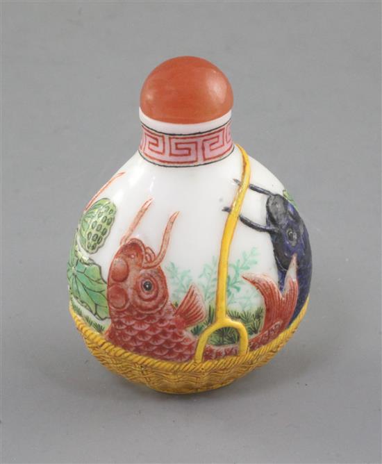 A Chinese enamelled white glass snuff bottle, height 5.1cm excl. stopper